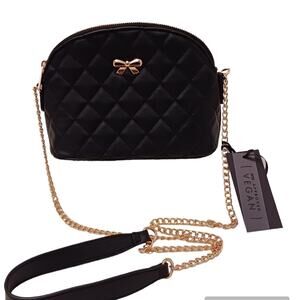 NEW! Quilted Puff Faux Leather Crossbody Bag Black Gold Bow Vegan Fancy Preppy